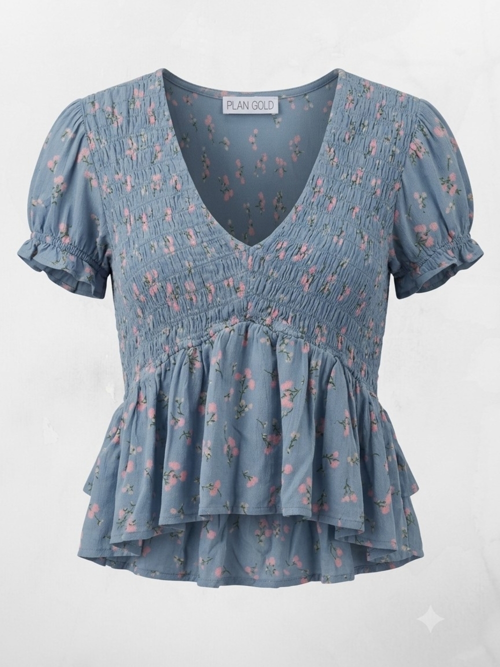 Planet Gold Dusty Blue Floral Smocked V-Neck Peplum Top